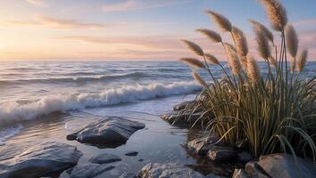 Coastal Waves Crashing on Rocky Shoreline at Dusk with Tall Grass photo