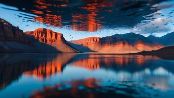 Reflecting Lake with Mountains and Birds in a Tranquil Landscape photo