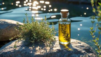 Thyme Herb and Infused Oil by Water in Glass Bottle photo