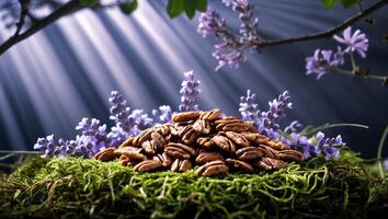 Pecan Nut Pile on Moss with Lavender Flowers in Dreamy Light photo