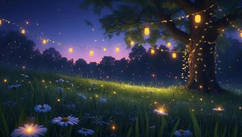 Magical Meadow at Night with Lights Daisies and Glowing Fireflies photo