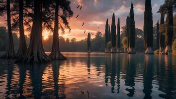 Tranquil Lake Reflecting Sunset Sky with Trees and Flying Birds photo