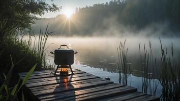 Cooking by Misty Lake at Sunrise on Wooden Dock with Stove photo