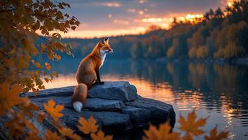 Fox Sitting on Rocks by Lake During a Warm Autumn Sunset photo