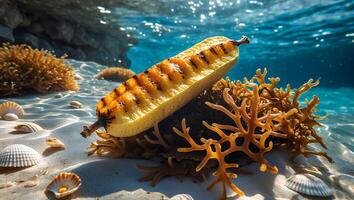 Grilled Zucchini Underwater with Coral and Seashells on Sandy Seabed photo