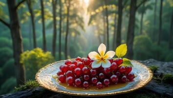 Red Currants on Plate with Flower in Forest Setting Still Life photo