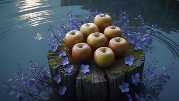 Apples on Wooden Stump with Flowers Floating in Water Surface photo