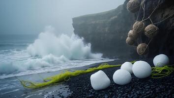 Waves Crashing on Rocky Shore with Spheres and Twisted Rope photo
