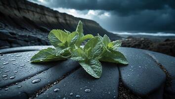Fresh Green Mint on Wet Stone Coastal Landscape Backdrop photo