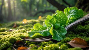 Lettuce on a Fork Rests Atop Mossy Forest Ground in Sunlight photo