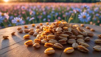 Pile of Seeds on a Wooden Table with Flower Field Background photo
