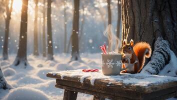 Squirrel with Hot Chocolate on Snowy Table in Winter Woods photo