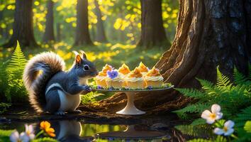 Squirrel Contemplating Cupcakes on Cake Stand in Sunny Forest Setting photo