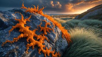 Orange Seaweed on Coastal Rock at Sunset with Grassland View photo