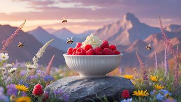 Raspberries and Cream in Bowl with Mountain Landscape and Bees photo