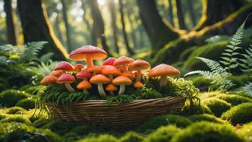 Mushrooms in Basket with Mossy Forest Floor and Sunlit Background photo