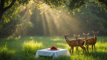 Deer Grazing Near Table with Berries in a Sunlit Meadow photo