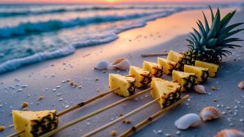 Pineapple Skewers on Beach at Sunset with Ocean Waves Crashing photo