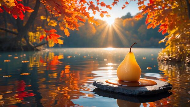 Pear on Stone Slab Floating in Autumn Lake at Sunrise photo