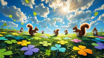 Squirrels in Colorful Clover Field Under Sunny Sky Happy Spring photo