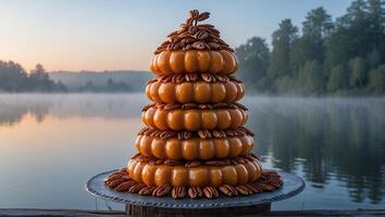 Stacked Dessert Display with Nuts by Lake at Misty Dawn photo