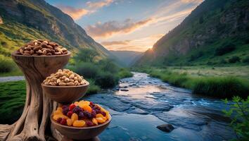 Assortment of Nuts and Dried Fruits with Mountain River Backdrop photo
