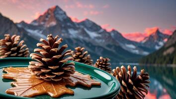 Pine Cones on Plate with Maple Leaf Candy and Mountain Backdrop photo