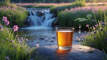 Refreshing Drink Near Waterfall with Wildflowers in Serene Natural Setting photo