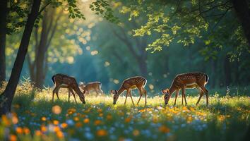Deer Grazing in a Meadow with Flowers and Sunlit Forest photo