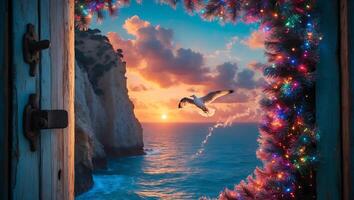 Open Door Coastal View with Bird Flying at Colorful Sunset photo