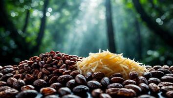 Coffee Beans and Shredded Cheese with Forest Background Still Life photo
