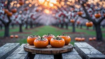 Harvesting Persimmon Fruit in Orchard at Sunset on a Rustic Table photo