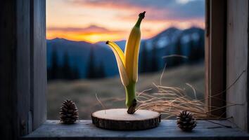 Banana on Wood Slice with Mountain Sunset Background Viewed From Window photo