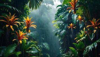 Rain Falling in Lush Tropical Forest with Green Plants and Flowers photo