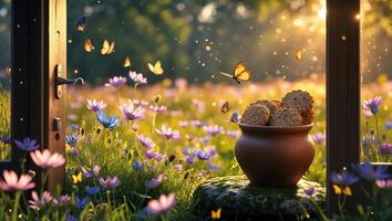 Cookies in Pot with Flowers and Butterflies Through Open Door photo
