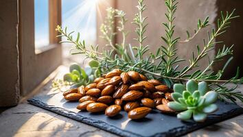 Almonds on Slate Board with Rosemary and Succulent Plants photo