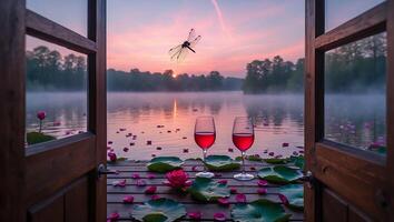 Wine Glasses on Dock Over Lake with Dragonfly and Open Door photo