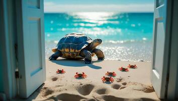 Turtle Walking on Sandy Beach Near Small Crabs and Open Door photo