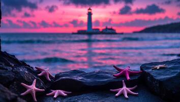 Starfish on Rocks with Lighthouse View at Colorful Sunset Horizon photo