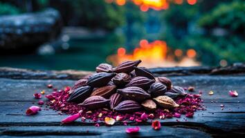 Pile of Seeds with Flower Petals on Rustic Wood Surface photo