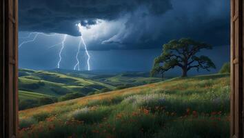 Open Window View of Lightning Storm Over Rolling Hills Landscape photo