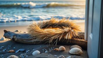 Beach Scene with Straw Wreath Shells and Driftwood by the Sea photo