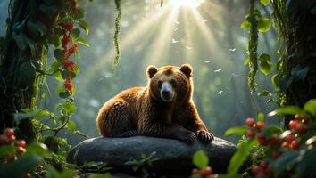 Bear Resting on Rock in Lush Forest with Sunlight Streaming Through photo