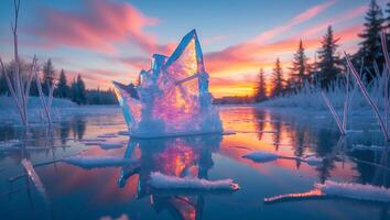 Frozen Lake with Ice Formation at Sunset with Reflection photo