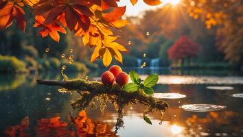 Autumn Lake with Mossy Branch, Berries, Leaves and Golden Light photo