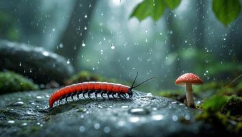 Centipede Crawling on Rock Under Rain Next to Mushroom photo