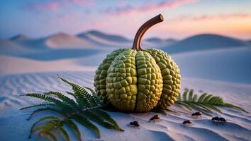 Textured Gourd and Fern on Sand Dunes with Insects at Sunset photo