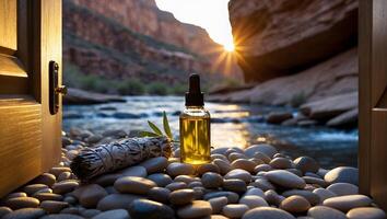 Essential Oil with River and Mountain View Emerging Through Doorway photo