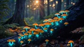 Glowing Mushrooms Growing on Log in Forest with Sunlight Breaking Through photo