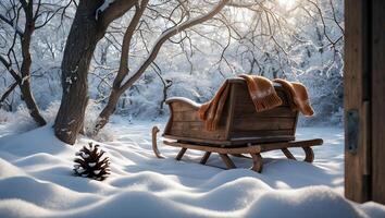 Sled Resting on Snow Blanket in Winter Forest with Cozy Scarf photo